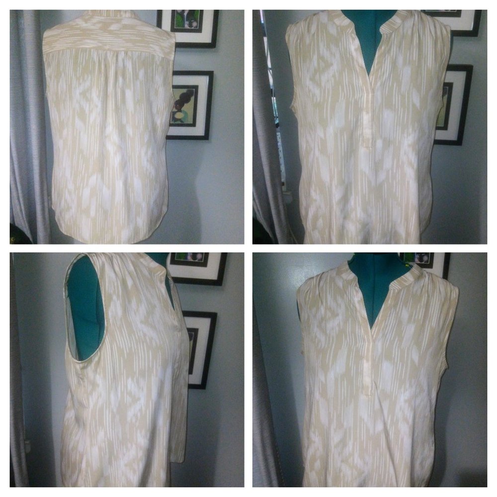 Chico’s Abstract Print Sleeveless Blouse in Tan & White Sz 2 Large